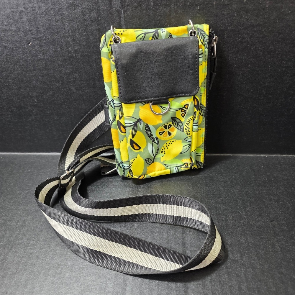 Pura Vida Lemon Print Crossbody‎ Phone Wallet Bag Yellow Green Striped Strap